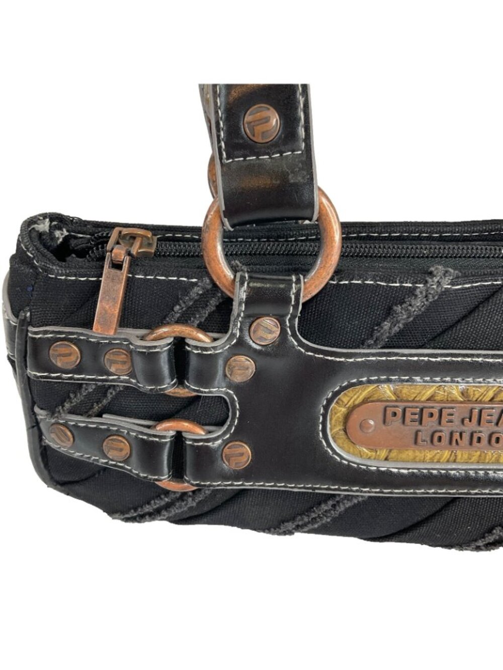 Pepe Jeans Purse Small Black Denim Frayed Vintage Brass Hardware London Rare Y2K - Picture 2 of 15
